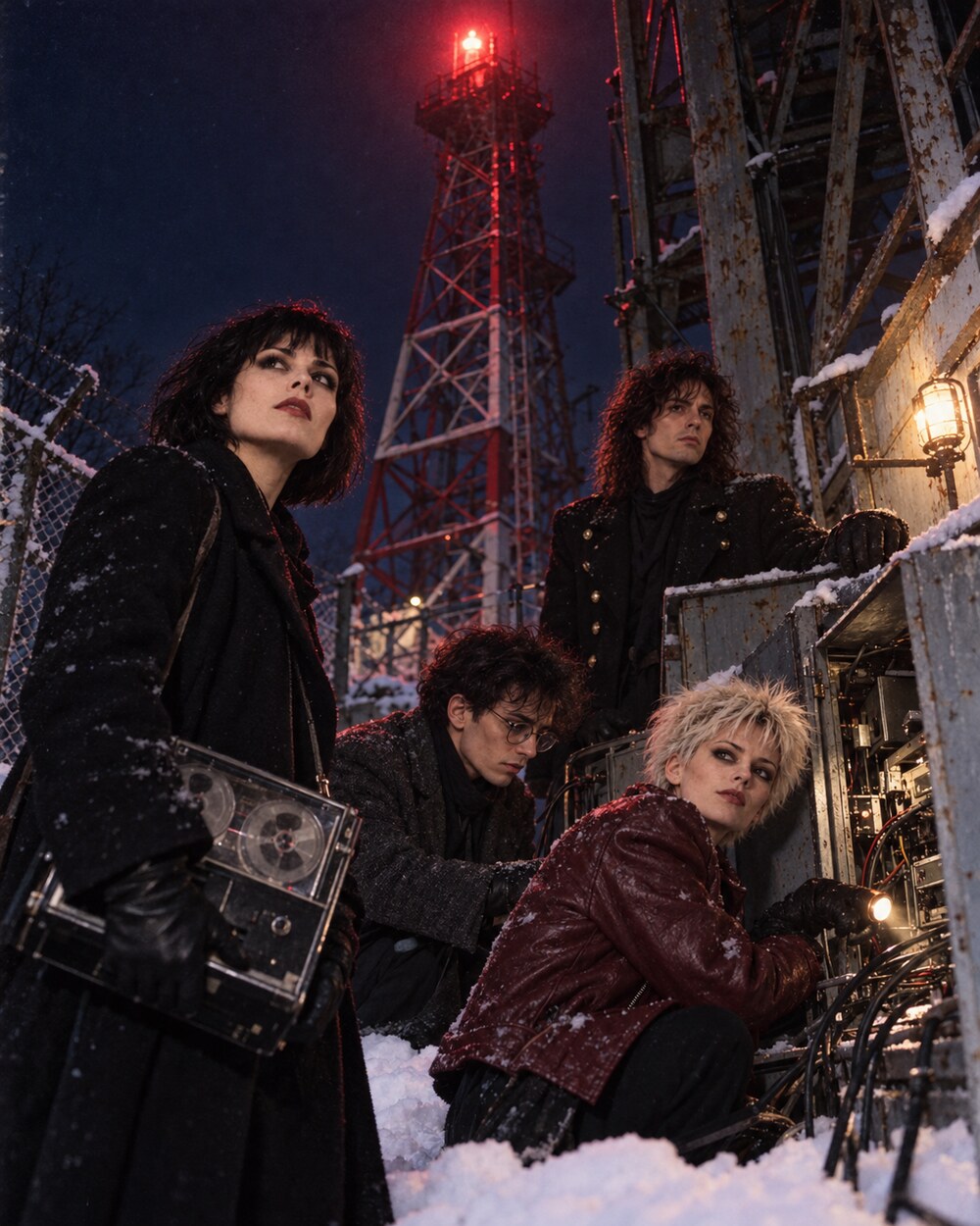 The Static Saints beneath the red relay tower at night