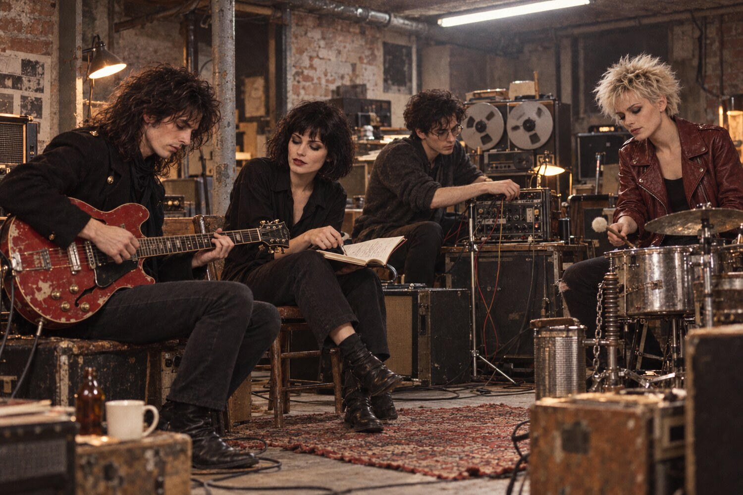 The Static Saints arranging a song in their basement rehearsal room